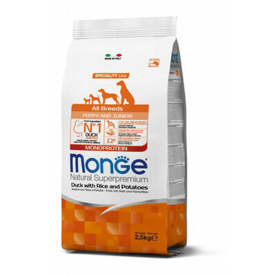 Sausā barība MONGE ALL BREEDS Puppy & Junior Duck. Rice and Potatoes 12 kg